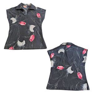 Vintage 70s MARDI MODES NY Black Floral Short Sleeve Polo Size 10 S/M
